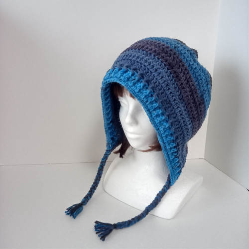 91大人のボンネット ニット帽 ブルー系 ニット帽・ビーニー きみまる