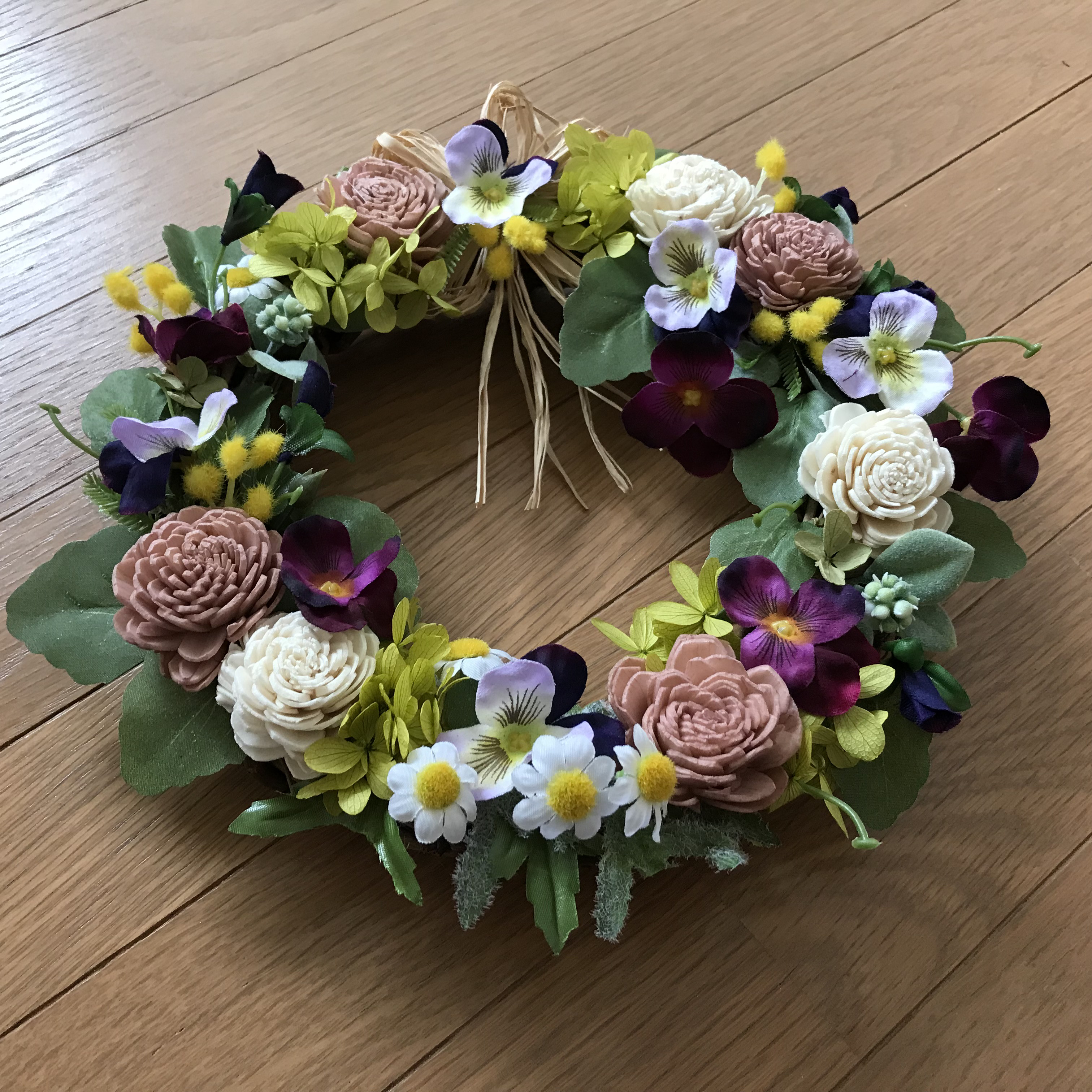 《新作＊受注制作》春を告げる庭先の彩りミモザとパンジーのリース
