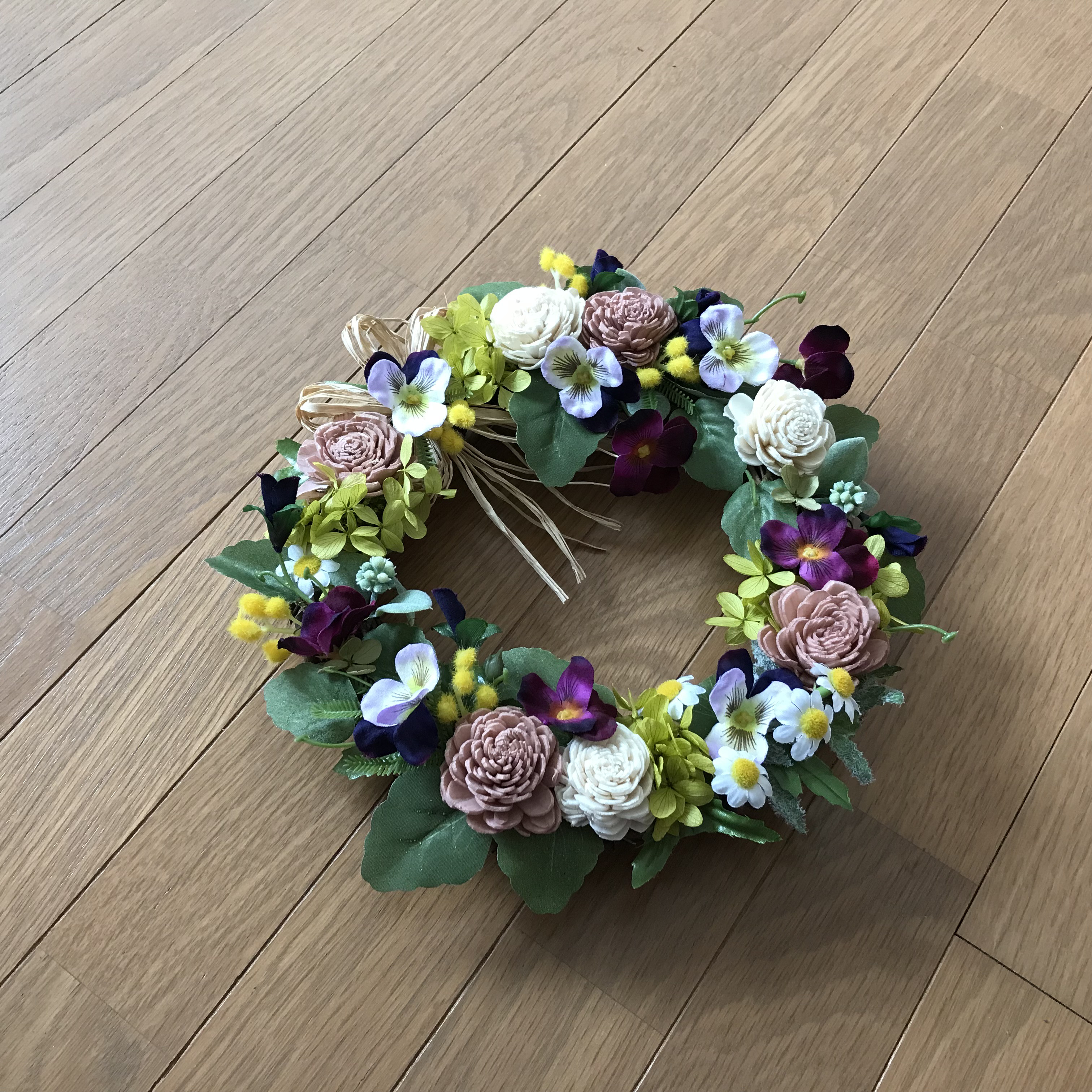 《新作＊受注制作》春を告げる庭先の彩りミモザとパンジーのリース