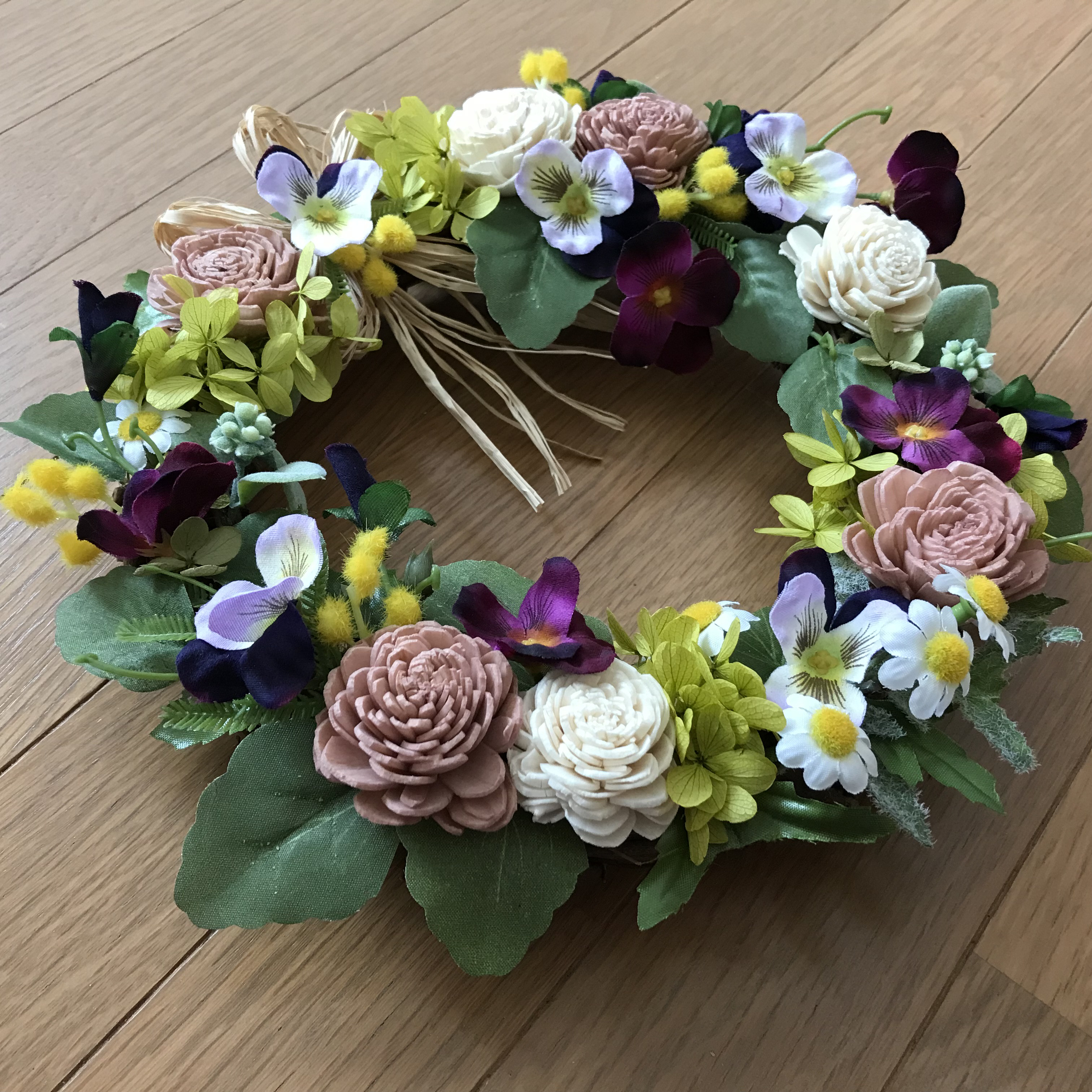 《新作＊受注制作》春を告げる庭先の彩りミモザとパンジーのリース