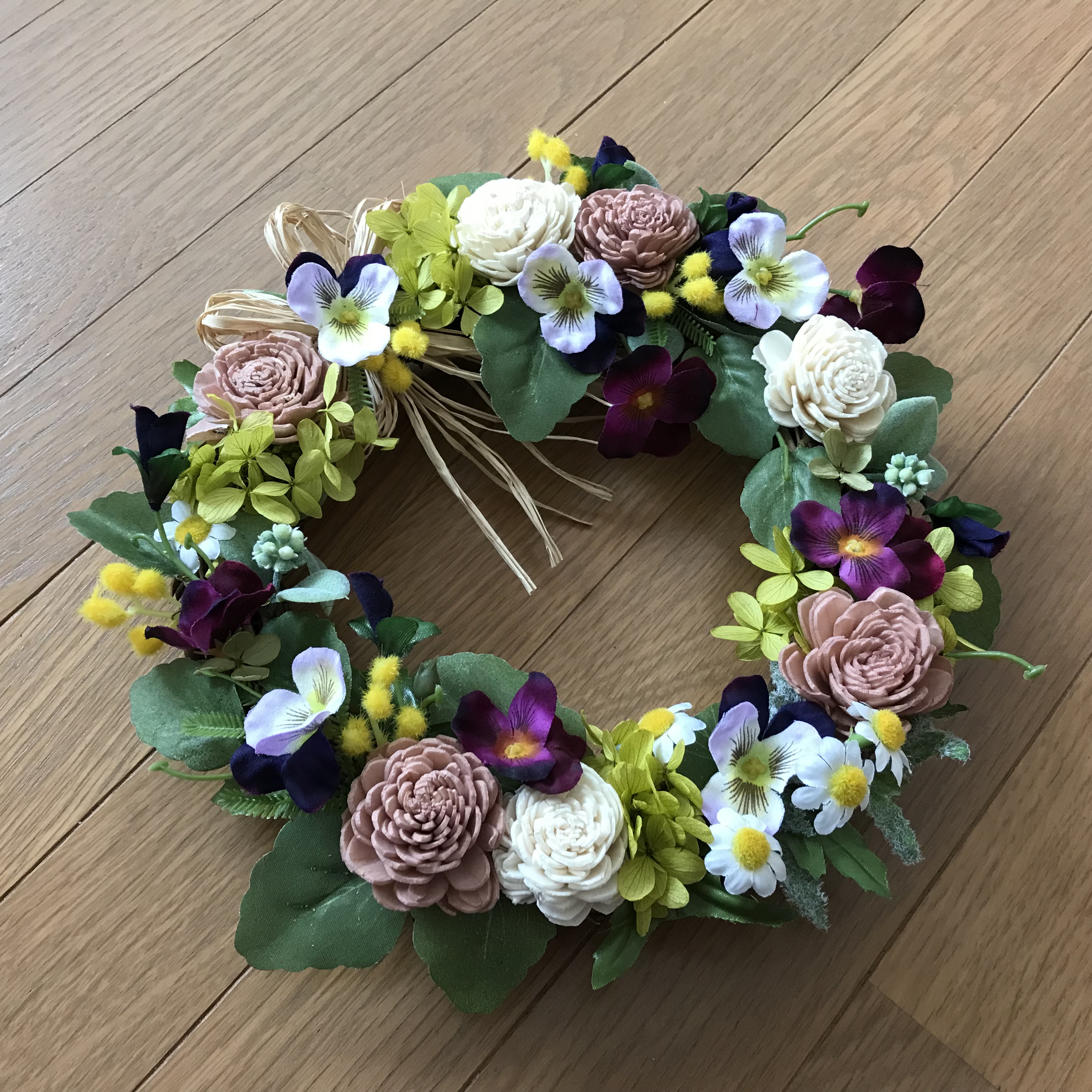 《新作＊受注制作》春を告げる庭先の彩りミモザとパンジーのリース