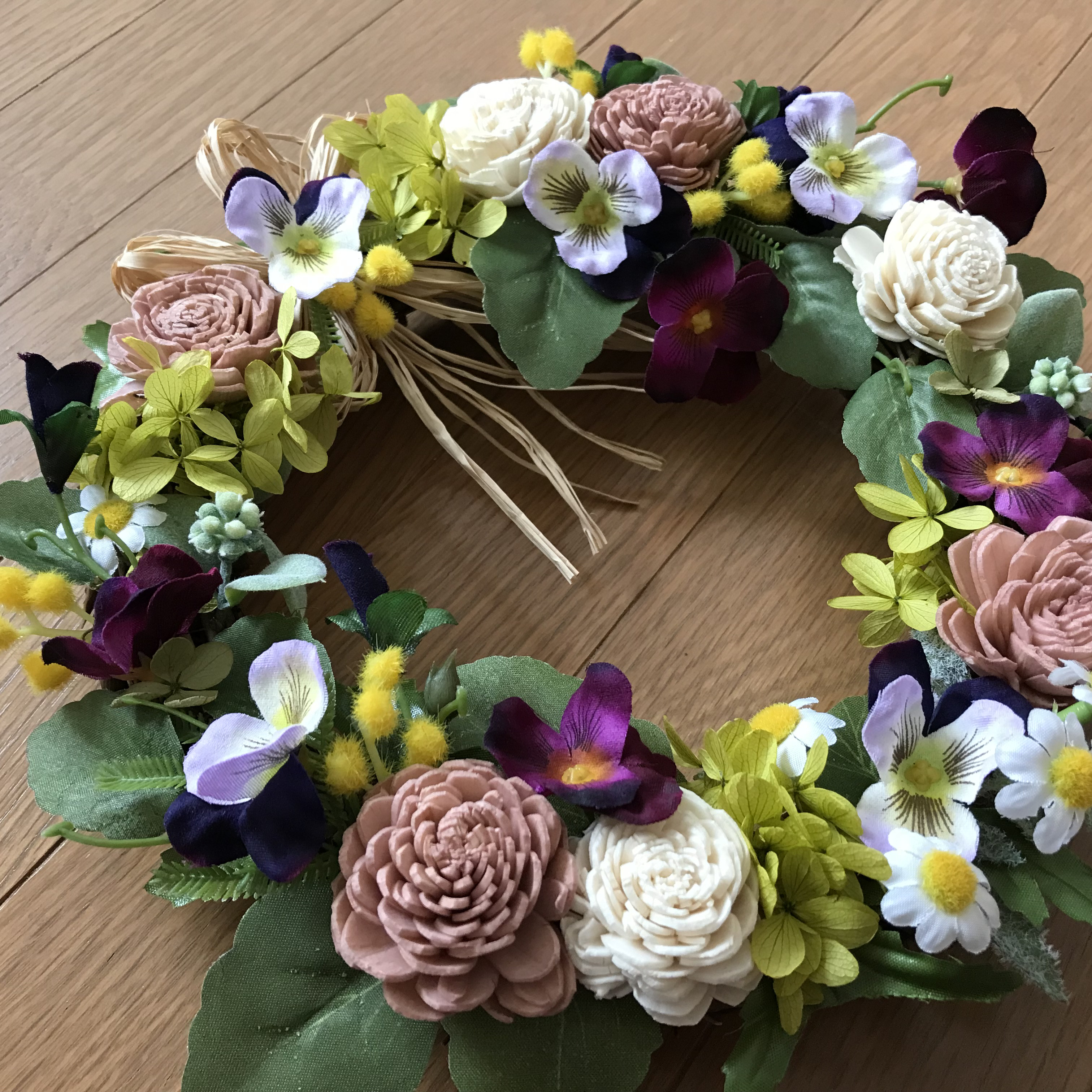 《新作＊受注制作》春を告げる庭先の彩りミモザとパンジーのリース