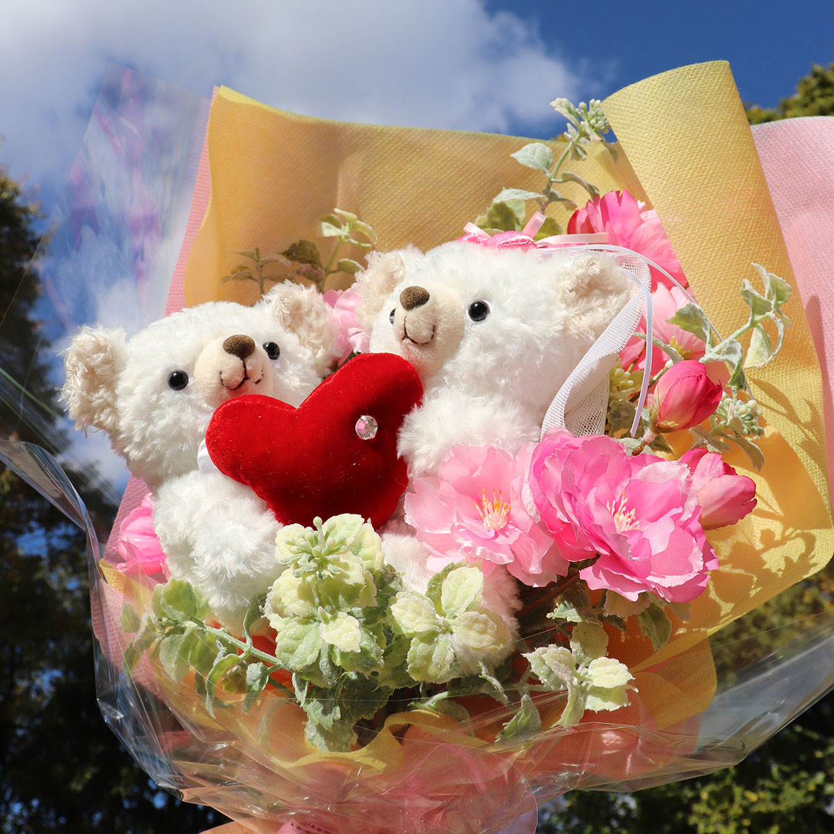結婚式 祝電 ぬいぐるみブーケ「ウエディングテディ　ハートタイプL」　 電報 結婚祝い