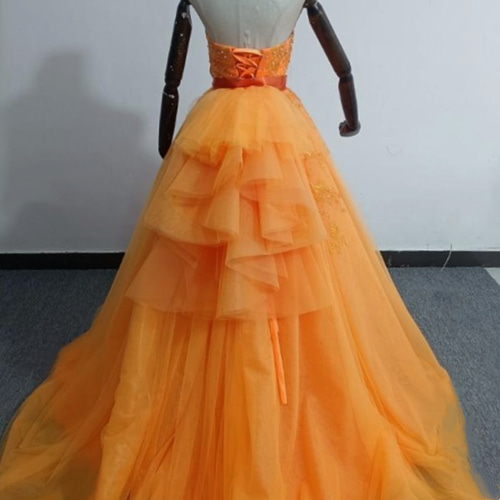 実例写真！高品質！オレンジ カラードレス ベアトップ ソフトチュール  