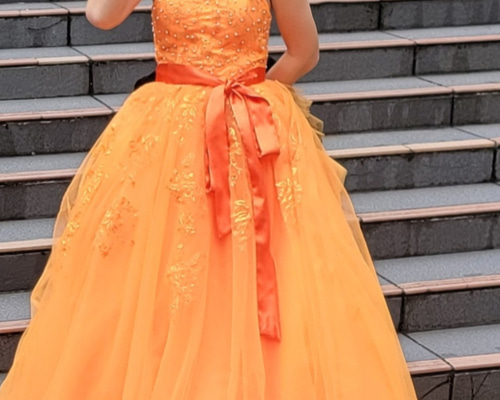 実例写真！高品質！オレンジ カラードレス ベアトップ ソフト