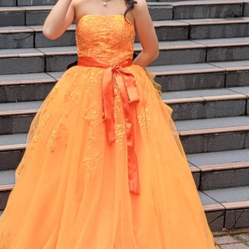 実例写真！高品質！オレンジ カラードレス ベアトップ ソフトチュール