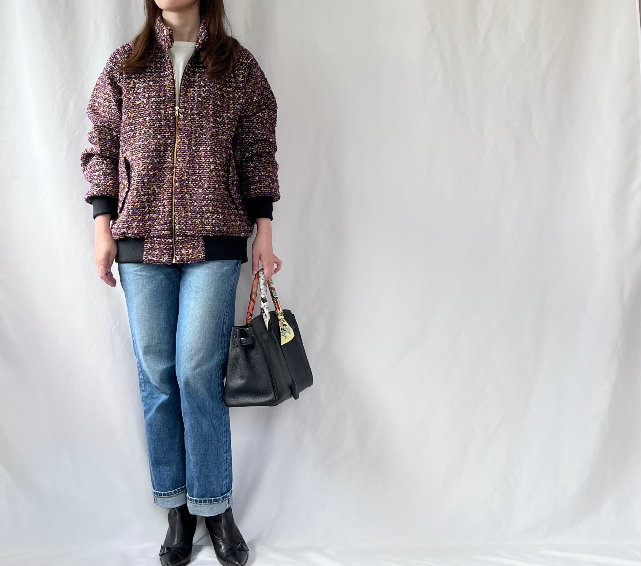 【イタリア輸入生地ウールツイードのオーバーサイズブルゾン】パープル/ゴールド　あったかアウター