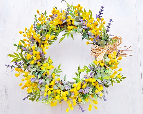 ミモザとラベンダーの春リース/アーティフィシャルフラワー/玄関•屋外