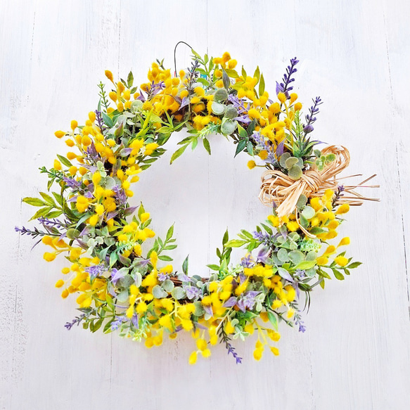 ミモザとラベンダーの春リース/アーティフィシャルフラワー/玄関•屋外