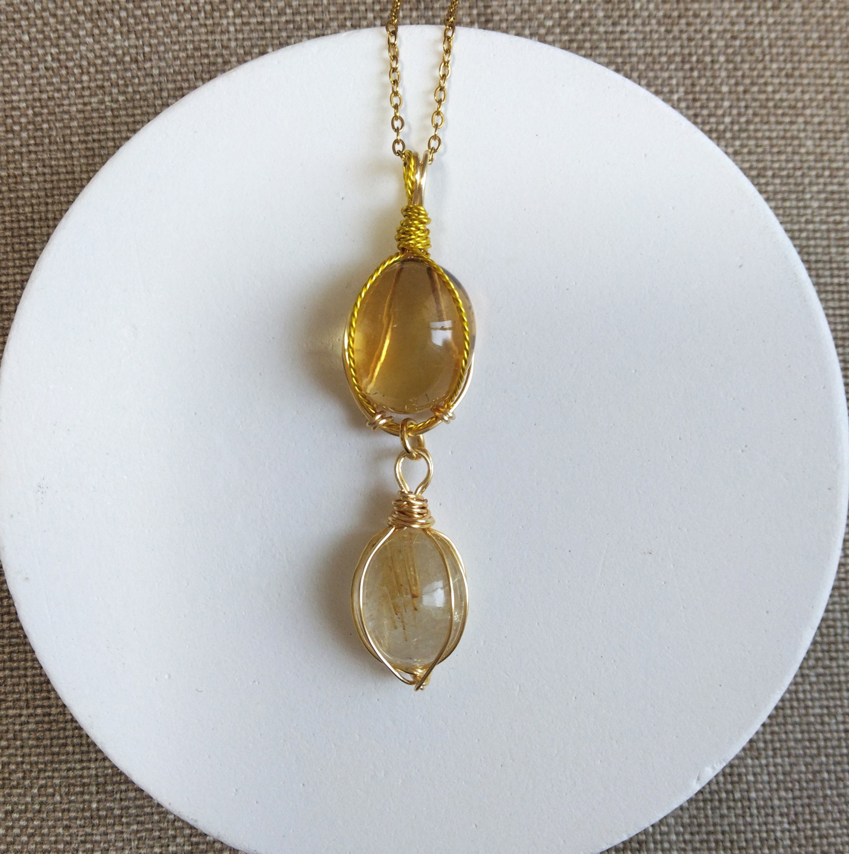 シトリン＆ルチルクォーツ　天然石　ワイヤーペンダント　No.P41