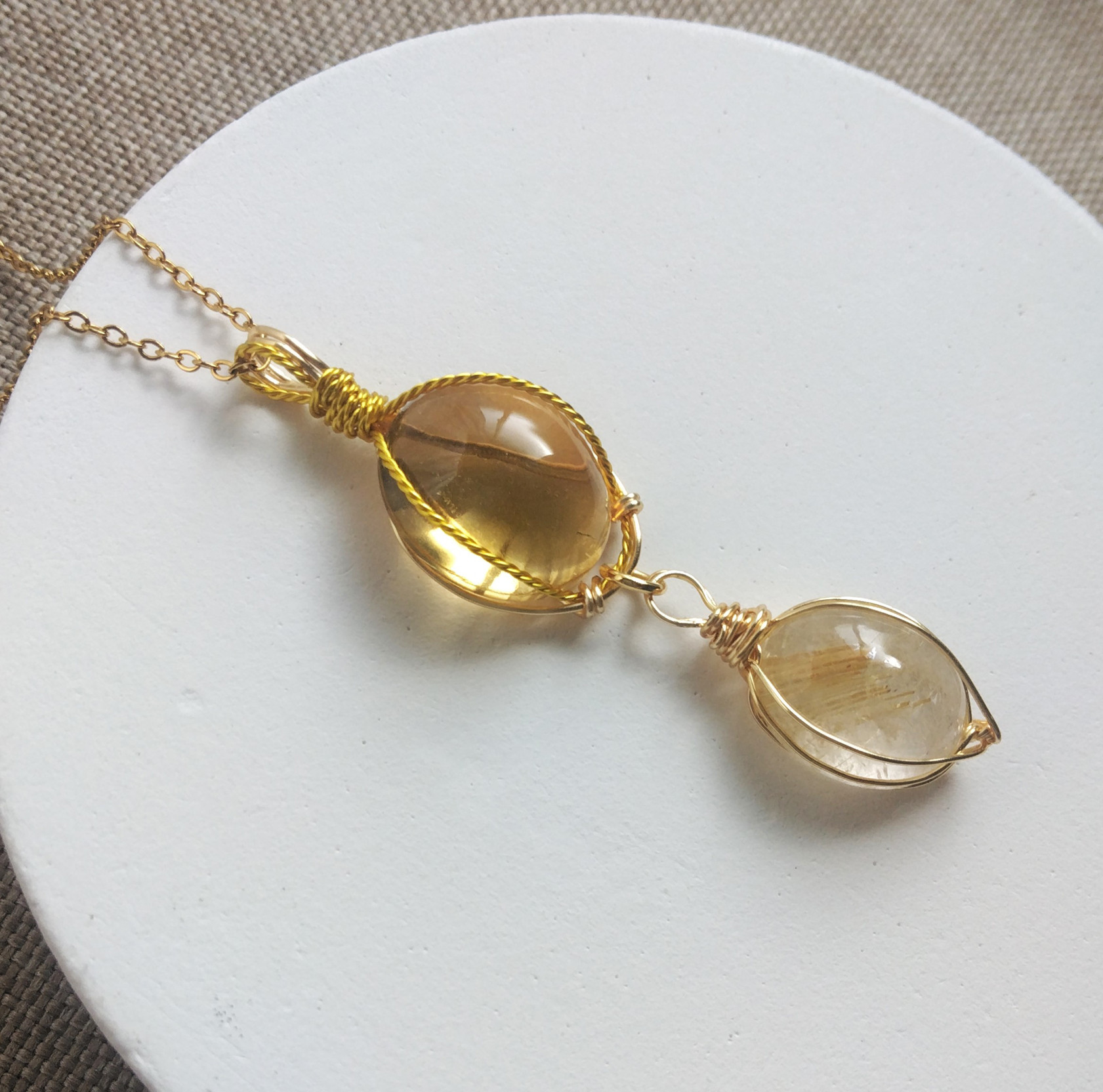 シトリン＆ルチルクォーツ　天然石　ワイヤーペンダント　No.P41