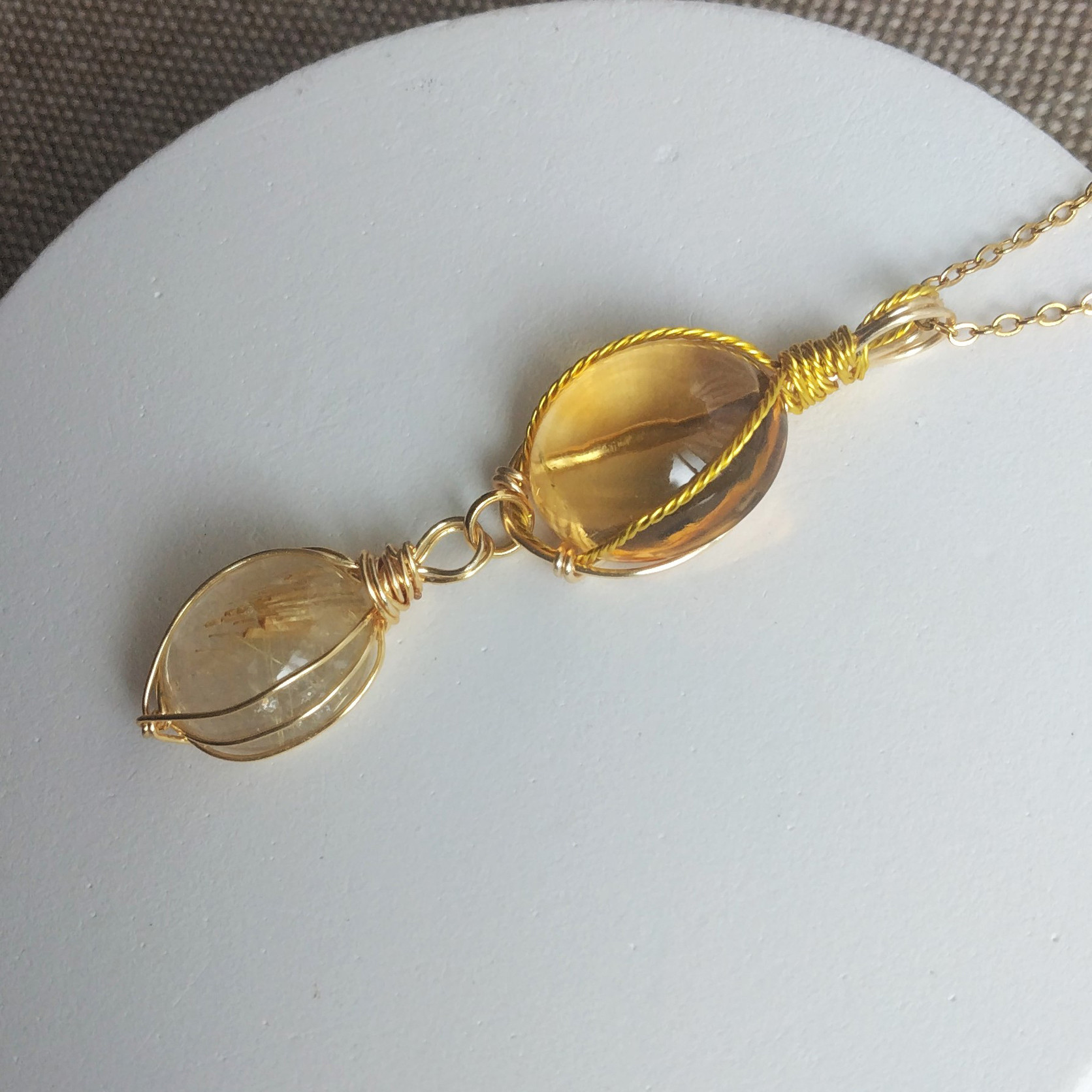 シトリン＆ルチルクォーツ　天然石　ワイヤーペンダント　No.P41