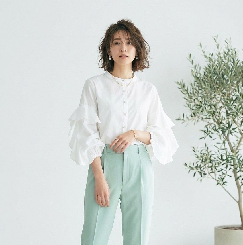 TCブロード フリルスリーブ パールボタン ノーカラー シャツブラウス 7,227円