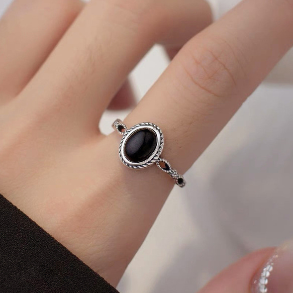 幸運の指輪※天然の黒玉|S925純銀の指輪|ビンテージスタイル 指輪