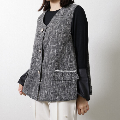 3色ツイードAライン金ボタンベスト ジレ トップス 着痩せ フリーサイズ