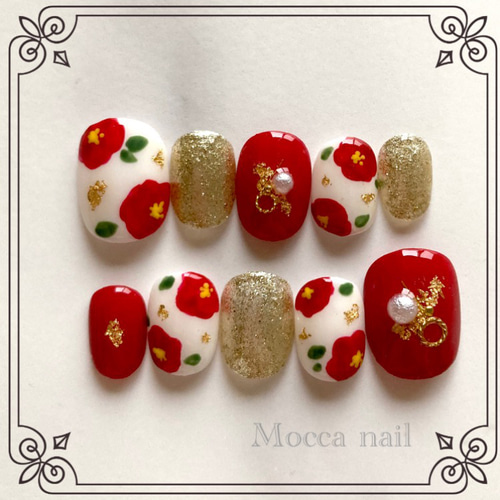 W004】椿 金箔ゴールド ネイルチップ 和装 前撮り 成人式 着物