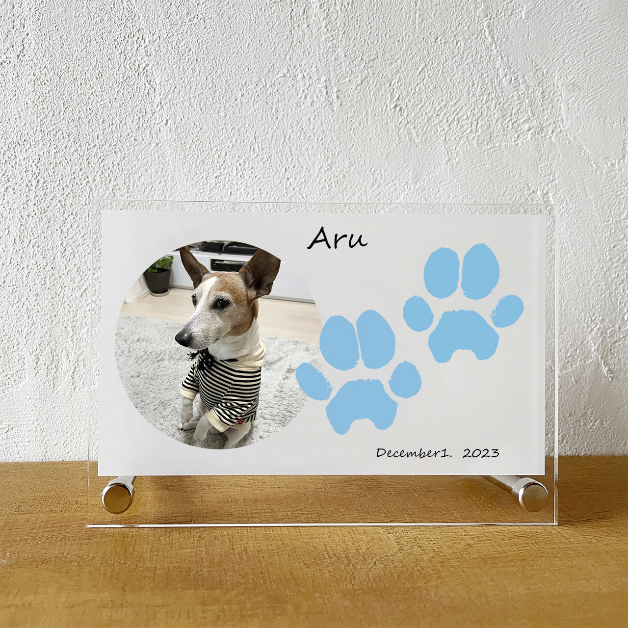 選べる色！★肉球形両足★写真付犬猫【思い出 記念 成長記録に】アクリルフォトスタンド 背景白2（〜足形4cm前後）