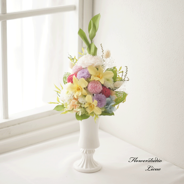 【仏花】虹の橋の贈り物　愛するペットへのお供え花（虹色）全てプリザーブドフラワーを使用してます。