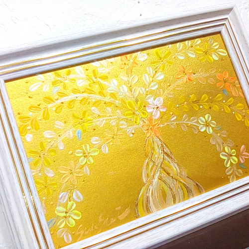 風水絵画 金箔の実輝く光の豊樹 幸せの招財樹 金のなる木 花