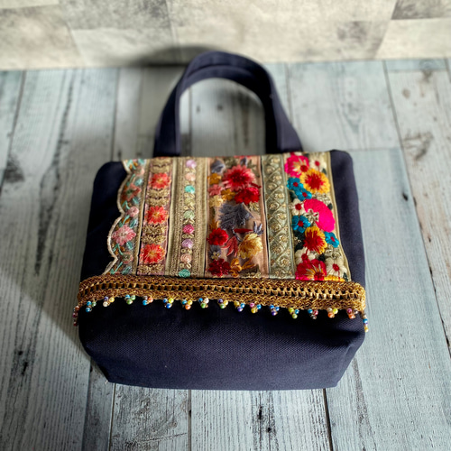 カラフルで可愛いインド刺繍リボンのトートバッグ【Sサイズ】 トート