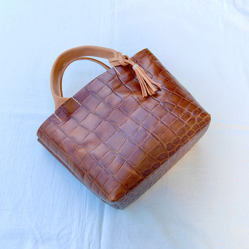 新品極美品 BARNEYSNEW YORK トートバッグ ショルダークロコ茶色 PELLE MORBIDA** 限定クロコ型押しレザーミニトートバッグ (Barneys