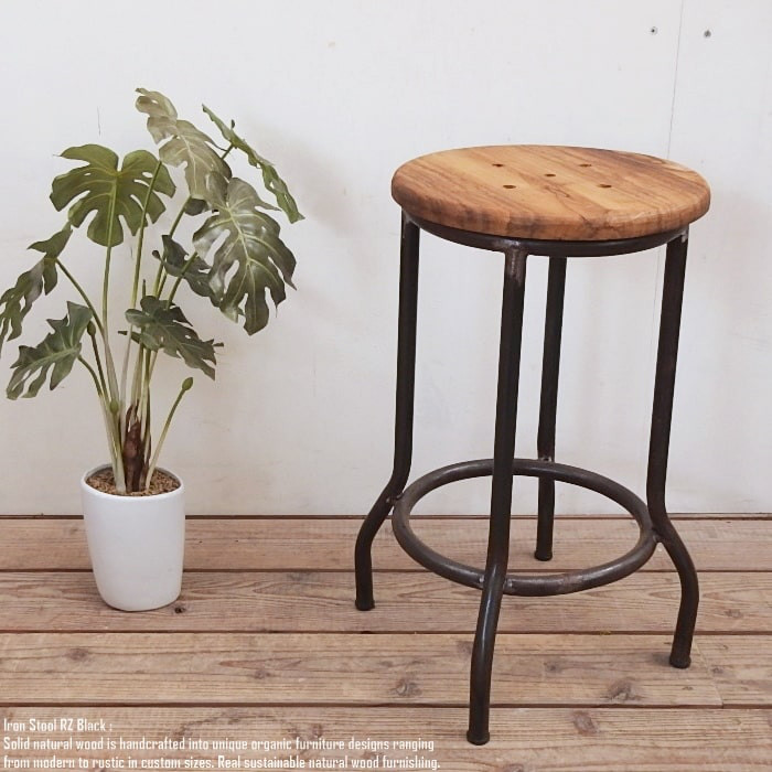 チーク材とアイアンのスツール アンティークブラック アンティーク風 アジアン家具 椅子 木製いす 天然木イス モダンアジ