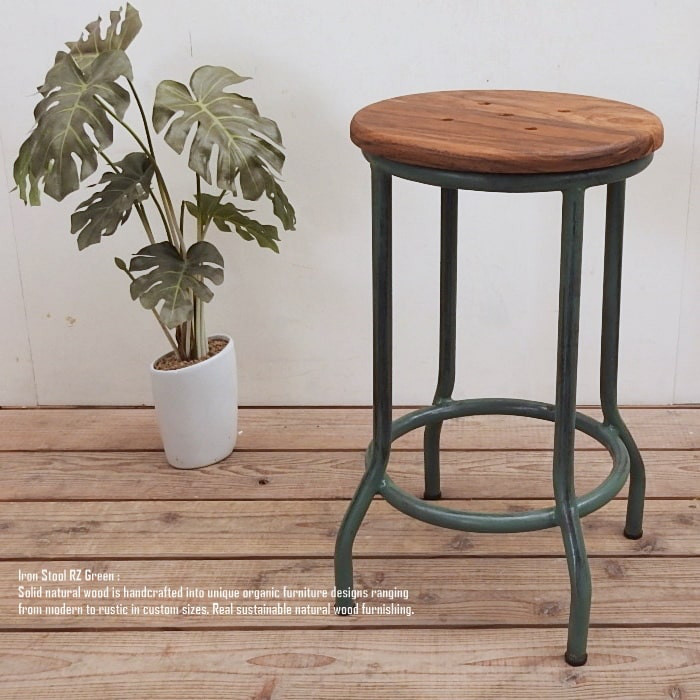 チークアイアンスツール RZ 緑色 アンティーク 古材 グリーン 鉄脚 チーク材 アジアン家具 椅子 木製いす