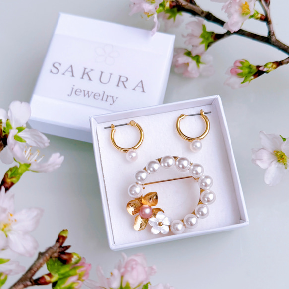 お得なセット》 淡水パール サークル 桜 ブローチ フープピアス セット 
