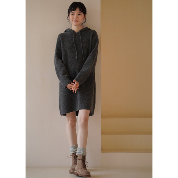 フード付きニットワンピース ニットウール混紡ワンピース グレー