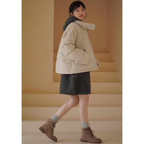 フード付きニットワンピース ニットウール混紡ワンピース グレー