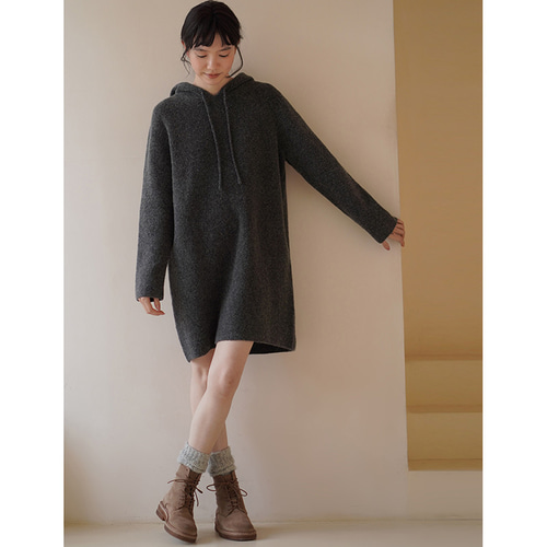 セザンヌ コットン＆ウール混紡 スリット入り ニット ワンピース フード付きニットワンピース ニットウール混紡ワンピース グレー