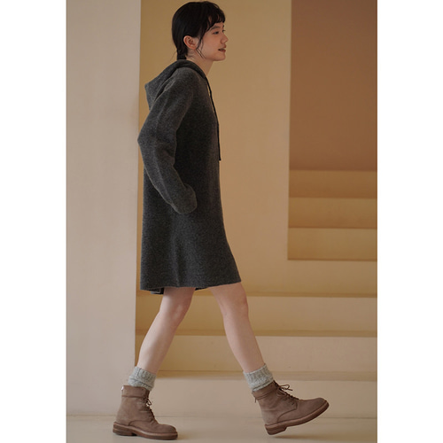 フード付きニットワンピース ニットウール混紡ワンピース グレー