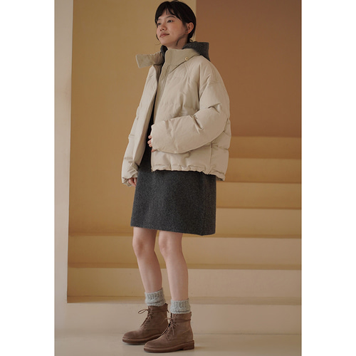 フード付きニットワンピース ニットウール混紡ワンピース グレー