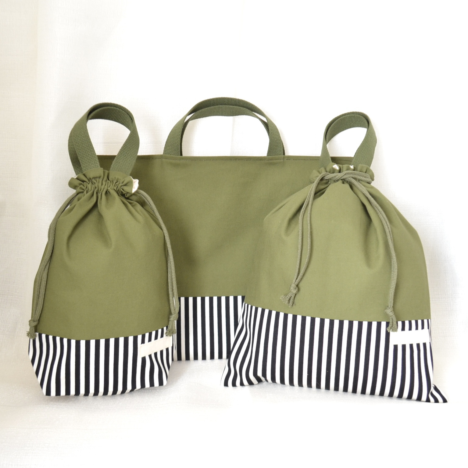 【受注制作】入園・入学準備　3点セット　シンプルストライプ　グリーン　サイズオーダー可