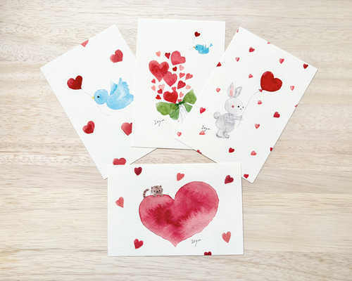 Glass Heart アーティスト ポストカード4枚セット 透明水彩画 ハートのポストカード 4枚セット バレンタイン