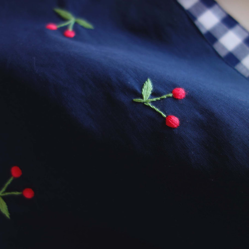 レッスンバッグ さくらんぼ 刺繍 ネイビー ギンガムチェック チェリー