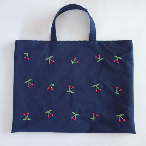 レッスンバッグ さくらんぼ 刺繍 ネイビー ギンガムチェック チェリー