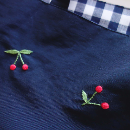 レッスンバッグ さくらんぼ 刺繍 ネイビー ギンガムチェック チェリー