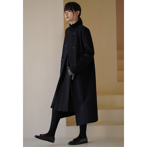 100%ウールロングコート ツイード生地ウールコート マフラー付き