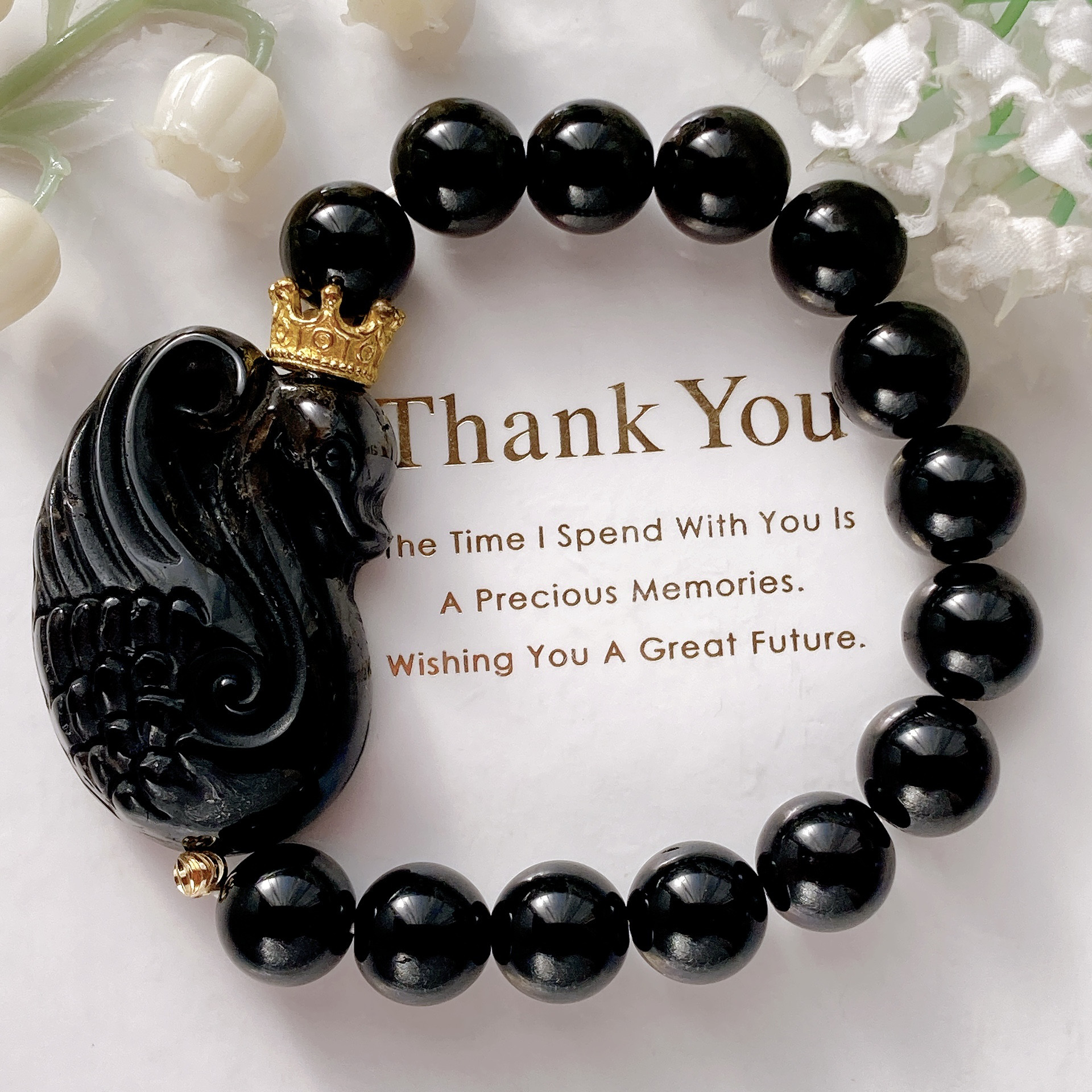 ˚✧₊⁎まよけ˚✧₊⁎おまもり˚✧₊⁎大粒モリオン王冠白鳥天然石ブレスレット