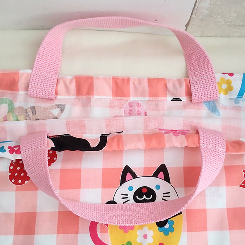 特大巾着袋 50cm×50cm＊猫柄(チェック)【入園入学 女の子】 体操服袋