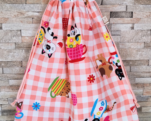 特大巾着袋 50cm×50cm＊猫柄(チェック)【入園入学 女の子】 体操服袋