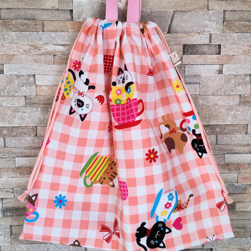 特大巾着袋 50cm×50cm＊猫柄(チェック)【入園入学 女の子】 体操服袋