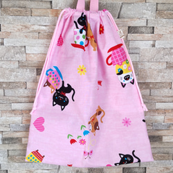 大きめお着替え袋 50cm×40cm・猫とティーカップ柄（ピンク）【入園入学