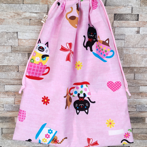 ピンク　グレー　体操着袋　お着替え袋　入学　入園 大きめお着替え袋 50cm×40cm・猫とティーカップ柄（ピンク）【入園入学