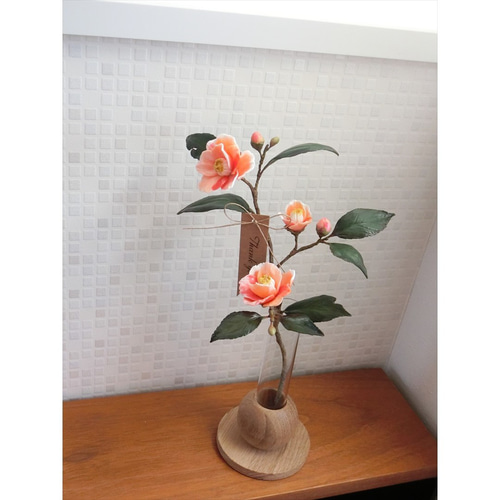 ✿【 粘土置物 】「明け方の空の色？」椿の花枝（東雲色）No.15