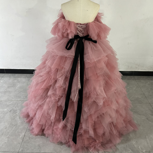 人気上昇！くすみピンクで色が混ざったもこもこチュールドレス 2色