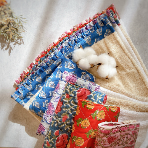 インド/ブロックプリント】ハンドタオル（紫×白）オーガニックコットン