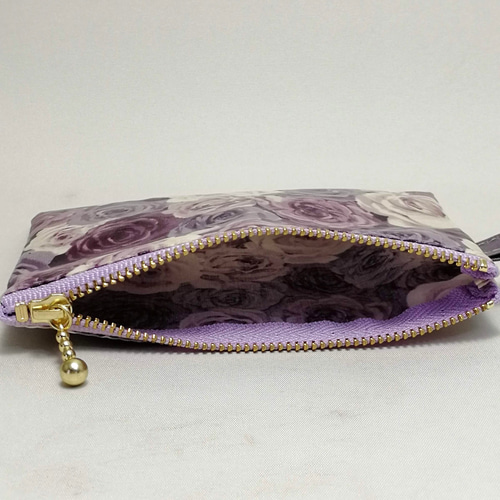 ミニポーチ 紫バラ柄 薔薇 ラミネート カード入れ / 小物入れ【受注