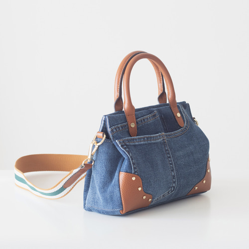 人気再販】リサイクルジーンズxレザー ユニークなボストンバッグ SDGs